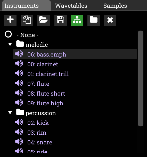 instruments window in folder view