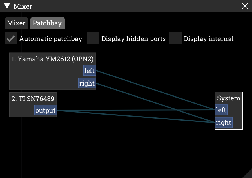 mixer dialog on patchbay tab