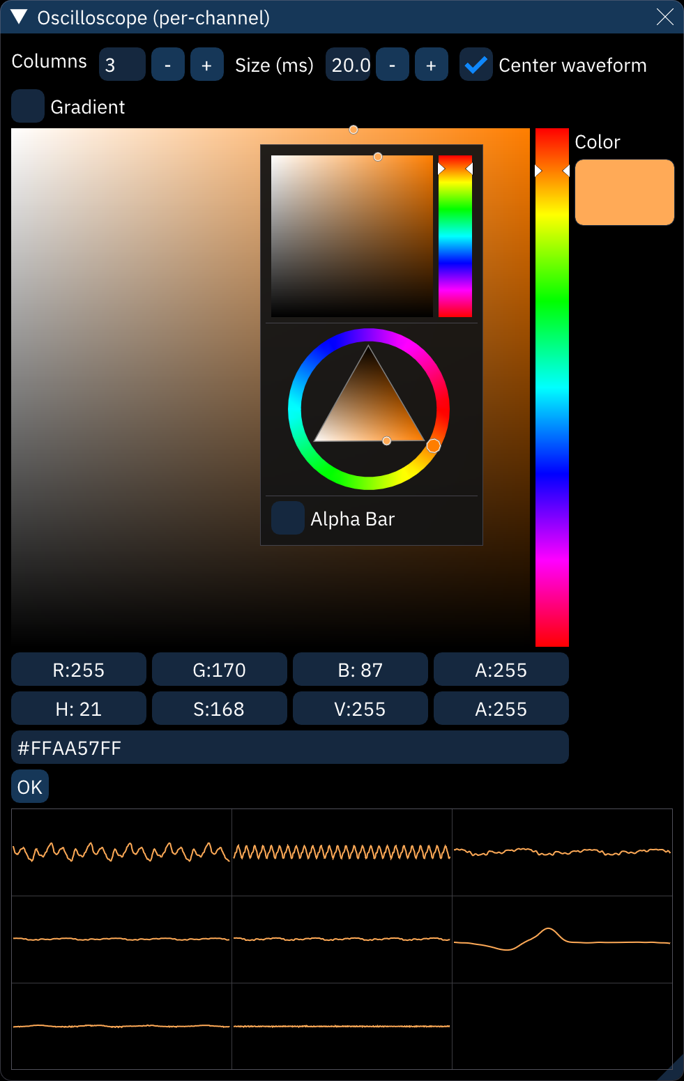 oscilloscope per-channel configuration view