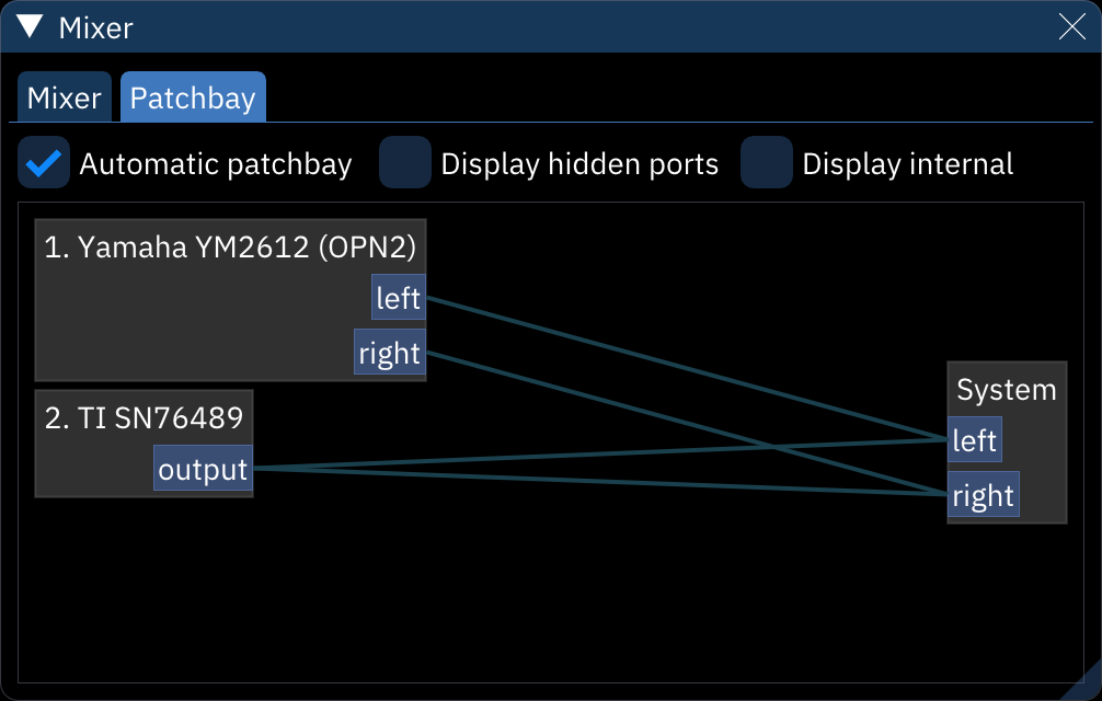 mixer dialog on patchbay tab