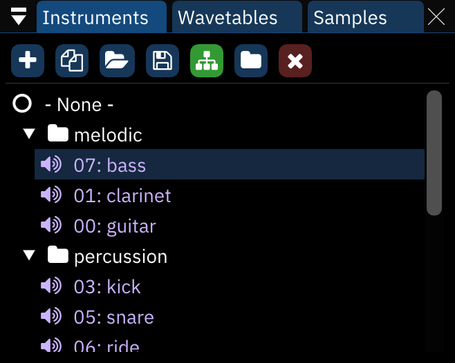 instruments window in folder view