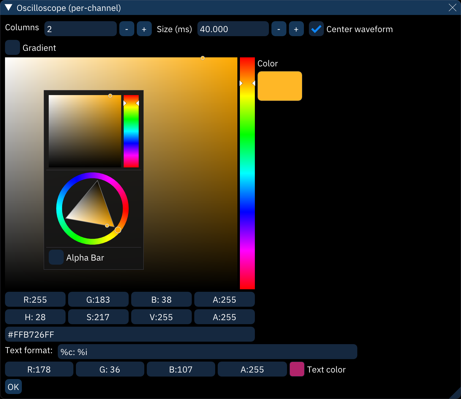 oscilloscope per-channel configuration view