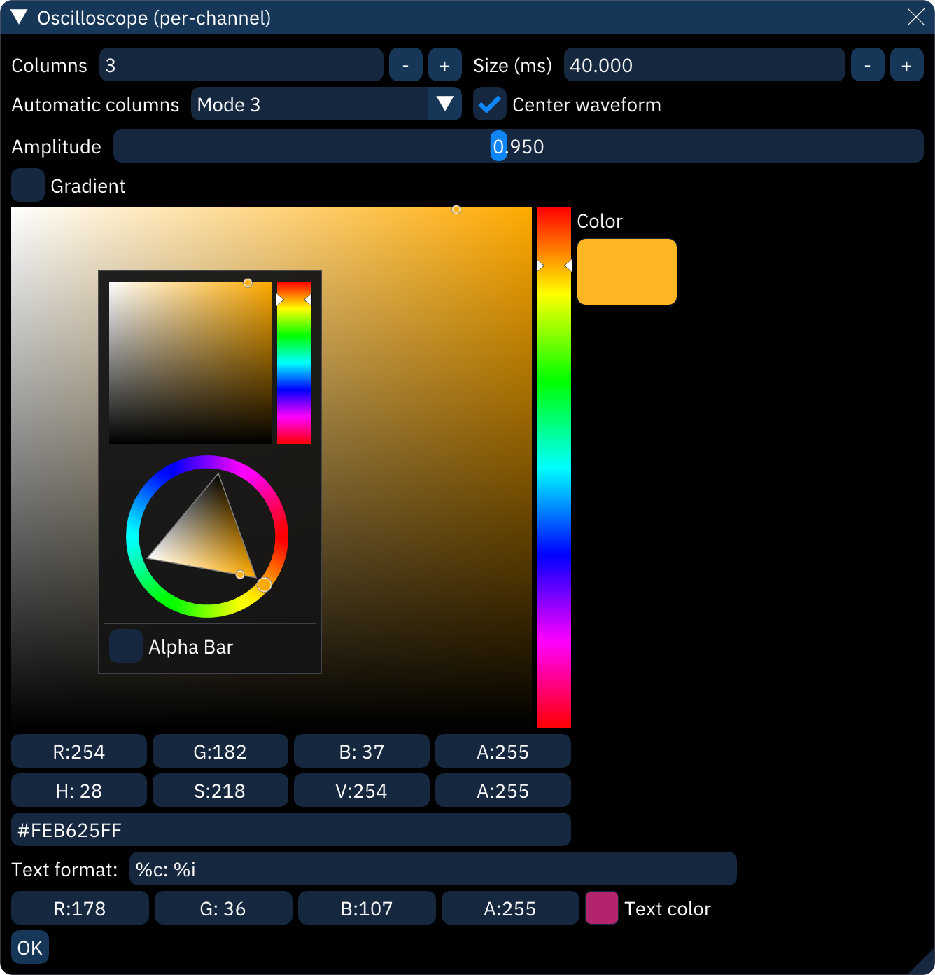 oscilloscope per-channel configuration view